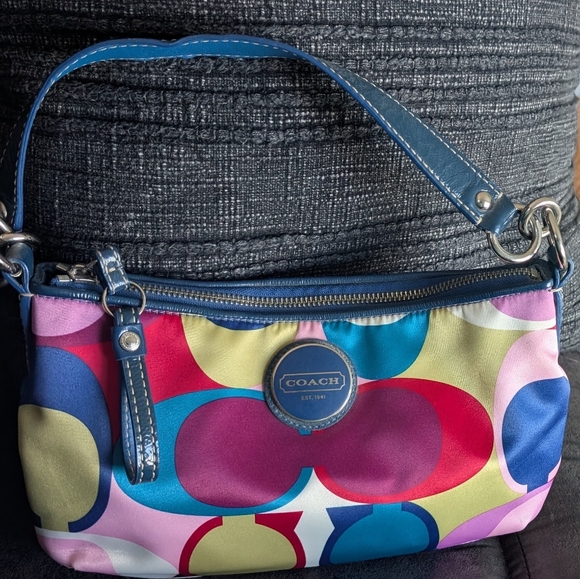 Coach Signature Monogram Small Hobo Baguette Purse Handbag Multicolor F15187 - Picture 1 of 7